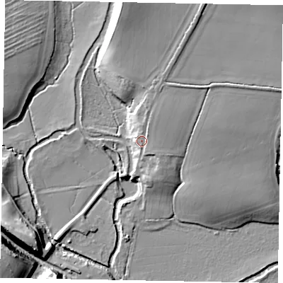 Shaded relief map of the ground around GU280JE, computed from Environment Agency LiDAR. The ground here sits at about 14 m above sea level and falls 23 m across the surrounding 800 m. Surface water reaching this point runs off ground lying to the north-north-east, 4.4 m higher.