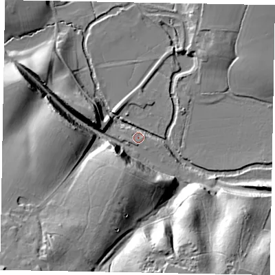 Shaded relief map of the ground around GU280JF, computed from Environment Agency LiDAR. The ground here sits at about 10 m above sea level and falls 35 m across the surrounding 800 m. Surface water reaching this point runs off ground lying to the south-west, 31.4 m higher.