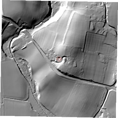 Shaded relief map of the ground around GU280JJ, computed from Environment Agency LiDAR. The ground here sits at about 35 m above sea level and falls 41 m across the surrounding 800 m. Surface water reaching this point runs off ground lying to the north-east, 13.8 m higher.