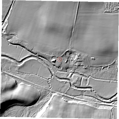Shaded relief map of the ground around GU280JP, computed from Environment Agency LiDAR. The ground here sits at about 8 m above sea level and falls 15 m across the surrounding 800 m. Surface water reaching this point runs off ground lying to the north, 8.6 m higher.