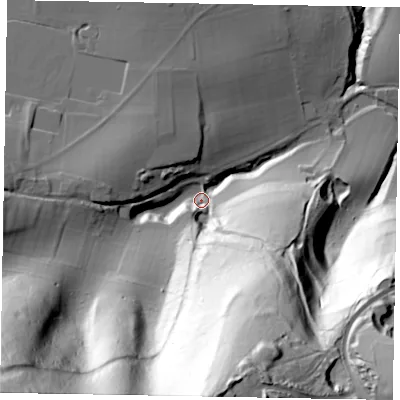 Shaded relief map of the ground around GU280NA, computed from Environment Agency LiDAR. The ground here sits at about 51 m above sea level and falls 144 m across the surrounding 800 m. Surface water reaching this point runs off ground lying to the south-west, 130.2 m higher.