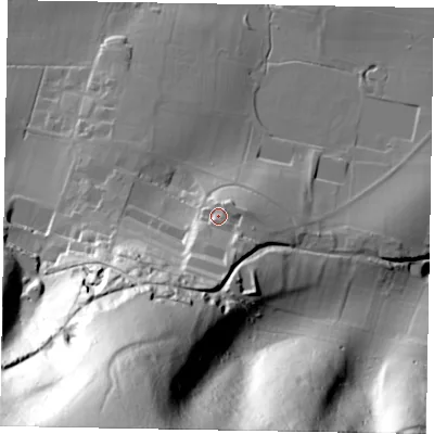 Shaded relief map of the ground around GU280NB, computed from Environment Agency LiDAR. The ground here sits at about 76 m above sea level and falls 146 m across the surrounding 800 m. Surface water reaching this point runs off ground lying to the south, 19.4 m higher.