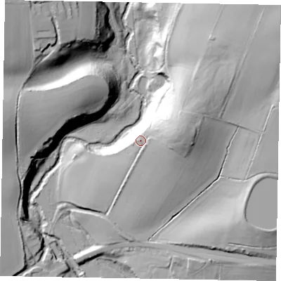 Shaded relief map of the ground around GU280PH, computed from Environment Agency LiDAR. The ground here sits at about 37 m above sea level and falls 52 m across the surrounding 800 m. Surface water reaching this point runs off ground lying to the east, 4.9 m higher.