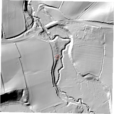 Shaded relief map of the ground around GU280PJ, computed from Environment Agency LiDAR. The ground here sits at about 18 m above sea level and falls 34 m across the surrounding 800 m. Surface water reaching this point runs off ground lying to the north-west, 8.2 m higher.