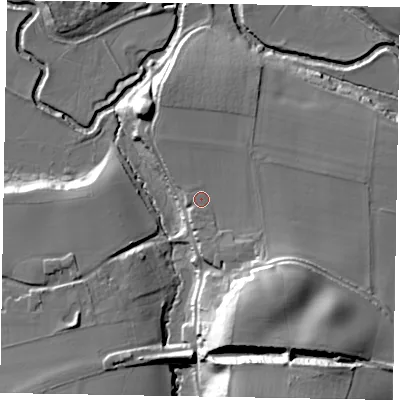 Shaded relief map of the ground around GU280PL, computed from Environment Agency LiDAR. The ground here sits at about 21 m above sea level and falls 28 m across the surrounding 800 m. Surface water reaching this point runs off ground lying to the south-east, 2.4 m higher.