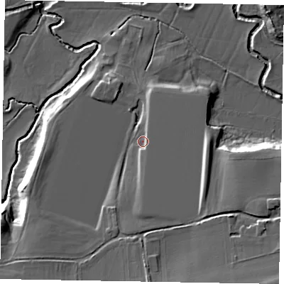 Shaded relief map of the ground around GU280PP, computed from Environment Agency LiDAR. The ground here sits at about 19 m above sea level and falls 14 m across the surrounding 800 m. Surface water reaching this point runs off ground lying to the south, 4.6 m higher.