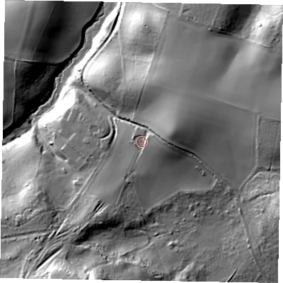 Shaded relief map of the ground around GU280PS, computed from Environment Agency LiDAR. The ground here sits at about 40 m above sea level and falls 42 m across the surrounding 800 m. Surface water reaching this point runs off ground lying to the east-north-east, 4.8 m higher.