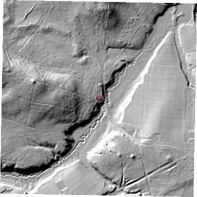 Shaded relief map of the ground around GU280QN, computed from Environment Agency LiDAR. The ground here sits at about 26 m above sea level and falls 41 m across the surrounding 800 m. Surface water reaching this point runs off ground lying to the west, 24.0 m higher.