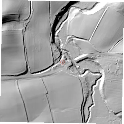 Shaded relief map of the ground around GU289BP, computed from Environment Agency LiDAR. The ground here sits at about 22 m above sea level and falls 51 m across the surrounding 800 m. Surface water reaching this point runs off ground lying to the north-west, 43.6 m higher.