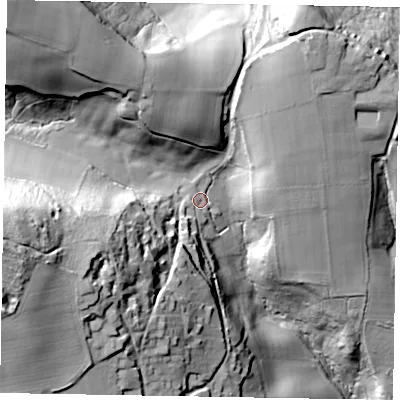 Shaded relief map of the ground around GU289DG, computed from Environment Agency LiDAR. The ground here sits at about 59 m above sea level and falls 78 m across the surrounding 800 m. Surface water reaching this point runs off ground lying to the west-south-west, 51.8 m higher.