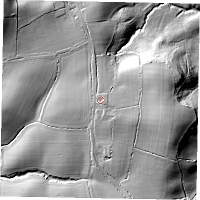 Shaded relief map of the ground around GU289EG, computed from Environment Agency LiDAR. The ground here sits at about 62 m above sea level and falls 34 m across the surrounding 800 m. Surface water reaching this point runs off ground lying to the south-east, 3.5 m higher.