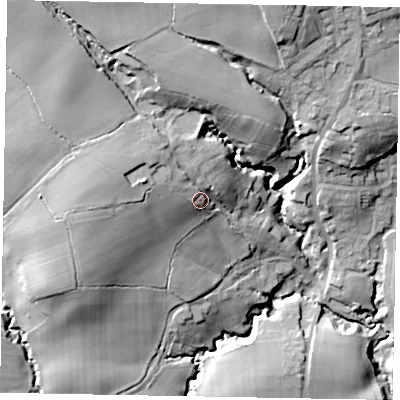 Shaded relief map of the ground around GU289EN, computed from Environment Agency LiDAR. The ground here sits at about 63 m above sea level and falls 35 m across the surrounding 800 m. Surface water reaching this point runs off ground lying to the north-west, 8.8 m higher.