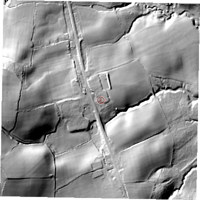 Shaded relief map of the ground around GU289EQ, computed from Environment Agency LiDAR. The ground here sits at about 54 m above sea level and falls 42 m across the surrounding 800 m. Surface water reaching this point runs off ground lying to the west, 29.6 m higher.