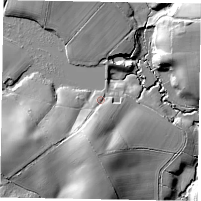 Shaded relief map of the ground around GU289ER, computed from Environment Agency LiDAR. The ground here sits at about 36 m above sea level and falls 27 m across the surrounding 800 m. Surface water reaching this point runs off ground lying to the south-south-west, 16.4 m higher.