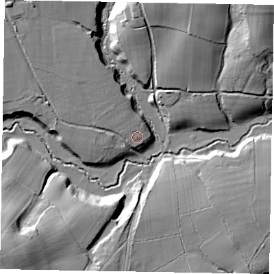Shaded relief map of the ground around GU289EY, computed from Environment Agency LiDAR. The ground here sits at about 40 m above sea level and falls 29 m across the surrounding 800 m. Surface water reaching this point runs off ground lying to the north-west, 4.1 m higher.