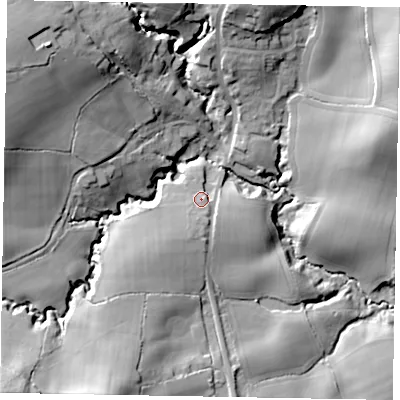 Shaded relief map of the ground around GU289HJ, computed from Environment Agency LiDAR. The ground here sits at about 50 m above sea level and falls 29 m across the surrounding 800 m. Surface water reaching this point runs off ground lying to the south-south-west, 3.6 m higher.