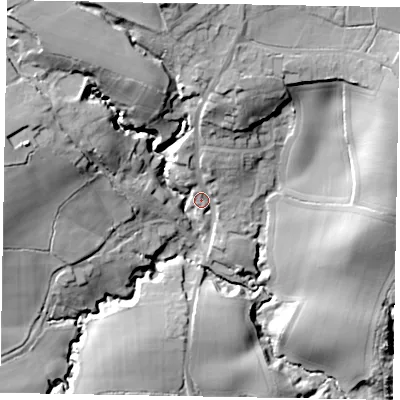 Shaded relief map of the ground around GU289HL, computed from Environment Agency LiDAR. The ground here sits at about 51 m above sea level and falls 33 m across the surrounding 800 m. Surface water reaching this point runs off ground lying to the north-north-east, 17.3 m higher.