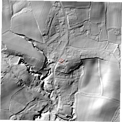 Shaded relief map of the ground around GU289HP, computed from Environment Agency LiDAR. The ground here sits at about 65 m above sea level and falls 38 m across the surrounding 800 m. Surface water reaching this point runs off ground lying to the north, 15.4 m higher.
