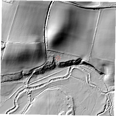 Shaded relief map of the ground around GU290BA, computed from Environment Agency LiDAR. The ground here sits at about 24 m above sea level and falls 40 m across the surrounding 800 m. Surface water reaching this point runs off ground lying to the north, 21.9 m higher.