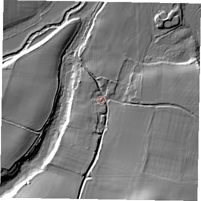 Shaded relief map of the ground around GU290BX, computed from Environment Agency LiDAR. The ground here sits at about 22 m above sea level and falls 23 m across the surrounding 800 m. Surface water reaching this point runs off ground lying to the south-south-east, 17.0 m higher.