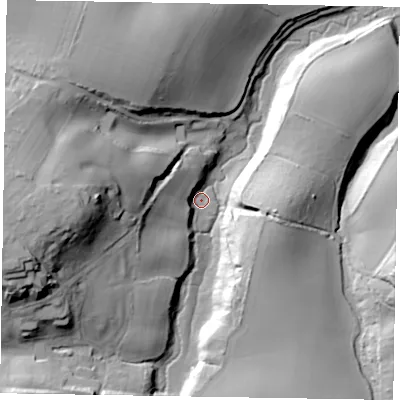 Shaded relief map of the ground around GU290EN, computed from Environment Agency LiDAR. The ground here sits at about 19 m above sea level and falls 42 m across the surrounding 800 m. Surface water reaching this point runs off ground lying to the west, 15.6 m higher.