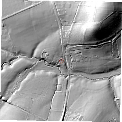 Shaded relief map of the ground around GU290LJ, computed from Environment Agency LiDAR. The ground here sits at about 38 m above sea level and falls 33 m across the surrounding 800 m. Surface water reaching this point runs off ground lying to the north-north-east, 11.0 m higher.