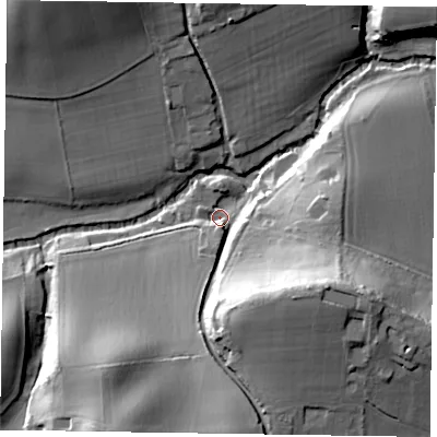 Shaded relief map of the ground around GU290PE, computed from Environment Agency LiDAR. The ground here sits at about 29 m above sea level and falls 32 m across the surrounding 800 m. Surface water reaching this point runs off ground lying to the south-east, 30.3 m higher.