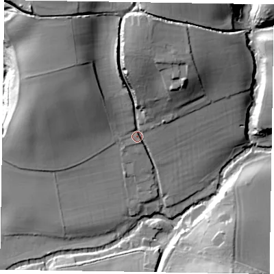 Shaded relief map of the ground around GU290PF, computed from Environment Agency LiDAR. The ground here sits at about 37 m above sea level and falls 34 m across the surrounding 800 m. Surface water reaching this point runs off ground lying to the north-north-west, 26.0 m higher.
