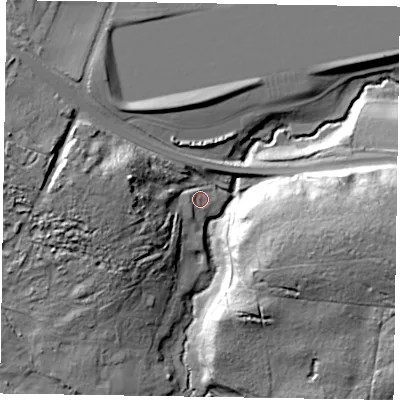 Shaded relief map of the ground around GU290PP, computed from Environment Agency LiDAR. The ground here sits at about 28 m above sea level and falls 30 m across the surrounding 800 m. Surface water reaching this point runs off ground lying to the west, 21.5 m higher.