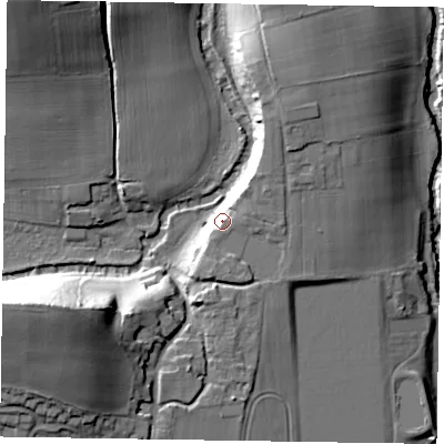 Shaded relief map of the ground around GU290PS, computed from Environment Agency LiDAR. The ground here sits at about 34 m above sea level and falls 31 m across the surrounding 800 m. Surface water reaching this point runs off ground lying to the east-north-east, 9.0 m higher.