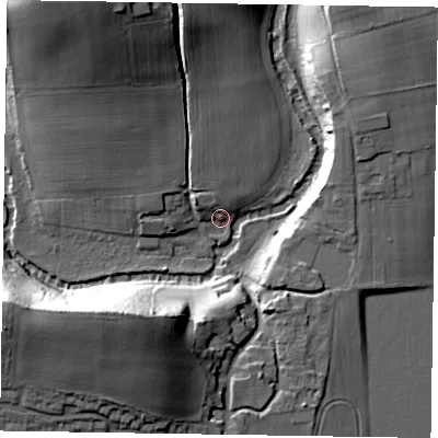 Shaded relief map of the ground around GU290PT, computed from Environment Agency LiDAR. The ground here sits at about 28 m above sea level and falls 27 m across the surrounding 800 m. Surface water reaching this point runs off ground lying to the south-west, 26.8 m higher.