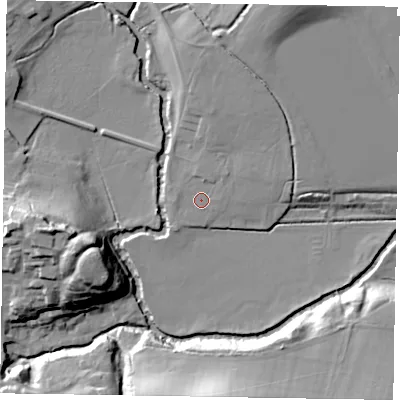 Shaded relief map of the ground around GU299AL, computed from Environment Agency LiDAR. The ground here sits at about 20 m above sea level and falls 25 m across the surrounding 800 m. Surface water reaching this point runs off ground lying to the north-north-east, 5.7 m higher.