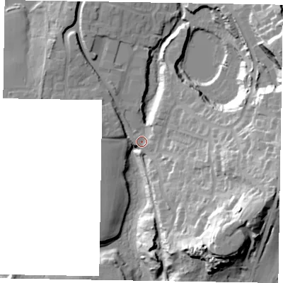 Shaded relief map of the ground around GU299EG, computed from Environment Agency LiDAR. The ground here sits at about 32 m above sea level and falls 39 m across the surrounding 800 m. Surface water reaching this point runs off ground lying to the south-east, 33.7 m higher.