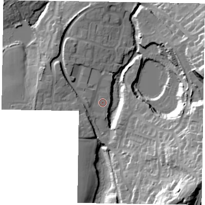 Shaded relief map of the ground around GU299HX, computed from Environment Agency LiDAR. The ground here sits at about 32 m above sea level and falls 40 m across the surrounding 800 m. Surface water reaching this point runs off ground lying to the west-north-west, 6.2 m higher.