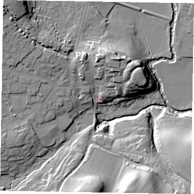 Shaded relief map of the ground around GU299PD, computed from Environment Agency LiDAR. The ground here sits at about 26 m above sea level and falls 29 m across the surrounding 800 m. Surface water reaching this point runs off ground lying to the north-north-east, 13.3 m higher.