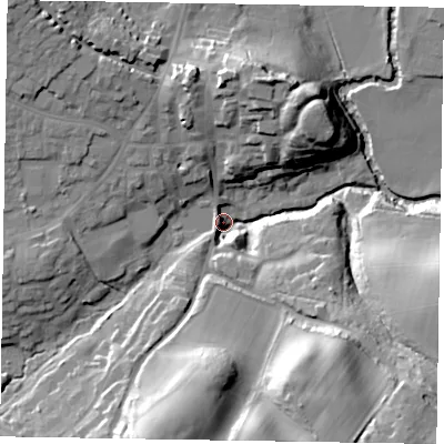 Shaded relief map of the ground around GU299PE, computed from Environment Agency LiDAR. The ground here sits at about 22 m above sea level and falls 32 m across the surrounding 800 m. Surface water reaching this point runs off ground lying to the south-south-west, 30.0 m higher.