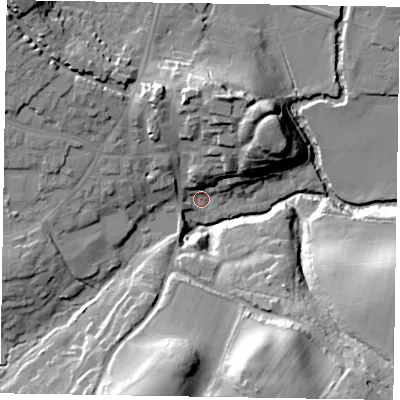 Shaded relief map of the ground around GU299PT, computed from Environment Agency LiDAR. The ground here sits at about 21 m above sea level and falls 31 m across the surrounding 800 m. Surface water reaching this point runs off ground lying to the north, 17.4 m higher.