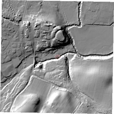 Shaded relief map of the ground around GU299PY, computed from Environment Agency LiDAR. The ground here sits at about 20 m above sea level and falls 32 m across the surrounding 800 m. Surface water reaching this point runs off ground lying to the south-south-west, 29.8 m higher.