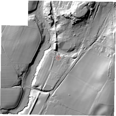 Shaded relief map of the ground around GU299QQ, computed from Environment Agency LiDAR. The ground here sits at about 40 m above sea level and falls 37 m across the surrounding 800 m. Surface water reaching this point runs off ground lying to the south, 6.3 m higher.