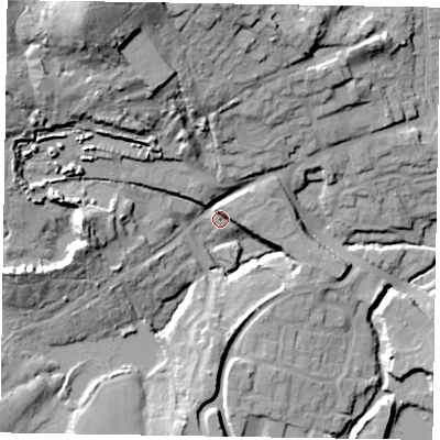 Shaded relief map of the ground around GU299QY, computed from Environment Agency LiDAR. The ground here sits at about 31 m above sea level and falls 38 m across the surrounding 800 m. Surface water reaching this point runs off ground lying to the north-north-west, 35.2 m higher.