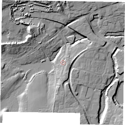 Shaded relief map of the ground around GU299QZ, computed from Environment Agency LiDAR. The ground here sits at about 35 m above sea level and falls 23 m across the surrounding 800 m. Surface water reaching this point runs off ground lying to the south-south-east, 5.1 m higher.