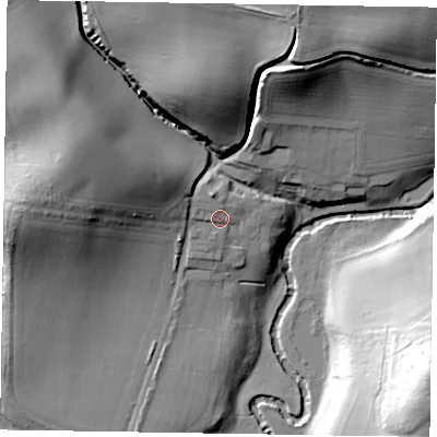 Shaded relief map of the ground around GU299RR, computed from Environment Agency LiDAR. The ground here sits at about 32 m above sea level and falls 42 m across the surrounding 800 m. Surface water reaching this point runs off ground lying to the west-north-west, 12.2 m higher.