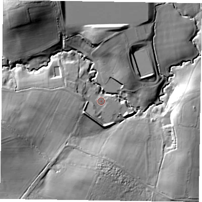 Shaded relief map of the ground around GU307JX, computed from Environment Agency LiDAR. The ground here sits at about 55 m above sea level and falls 27 m across the surrounding 800 m. Surface water reaching this point runs off ground lying to the south-west, 5.9 m higher.