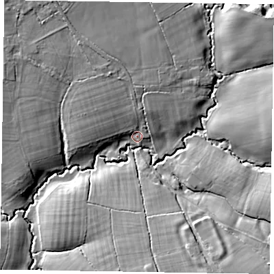 Shaded relief map of the ground around GU307NA, computed from Environment Agency LiDAR. The ground here sits at about 46 m above sea level and falls 15 m across the surrounding 800 m. Surface water reaching this point runs off ground lying to the north-north-west, 6.5 m higher.