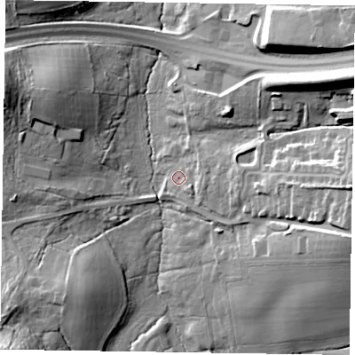 Shaded relief map of the ground around GU307NU, computed from Environment Agency LiDAR. The ground here sits at about 84 m above sea level and falls 22 m across the surrounding 800 m. Surface water reaching this point runs off ground lying to the east-south-east, 4.1 m higher.