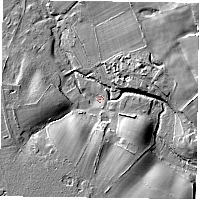 Shaded relief map of the ground around GU307QU, computed from Environment Agency LiDAR. The ground here sits at about 80 m above sea level and falls 19 m across the surrounding 800 m. Surface water reaching this point runs off ground lying to the south-south-east, 3.5 m higher.