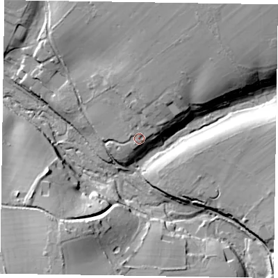 Shaded relief map of the ground around GU307RF, computed from Environment Agency LiDAR. The ground here sits at about 95 m above sea level and falls 33 m across the surrounding 800 m. Surface water reaching this point runs off ground lying to the north-north-east, 18.1 m higher.