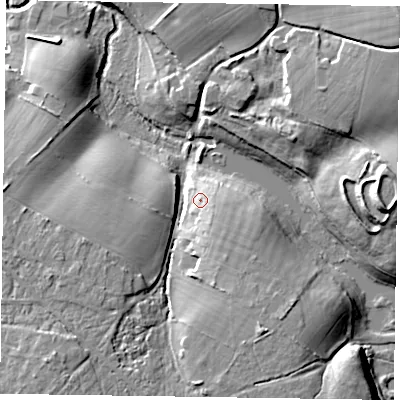 Shaded relief map of the ground around GU307RU, computed from Environment Agency LiDAR. The ground here sits at about 89 m above sea level and falls 22 m across the surrounding 800 m. Surface water reaching this point runs off ground lying to the south-south-east, 6.1 m higher.