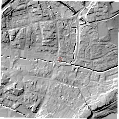 Shaded relief map of the ground around GU314AE, computed from Environment Agency LiDAR. The ground here sits at about 61 m above sea level and falls 21 m across the surrounding 800 m. Surface water reaching this point runs off ground lying to the north-west, 15.1 m higher.