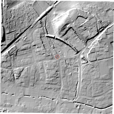 Shaded relief map of the ground around GU314AH, computed from Environment Agency LiDAR. The ground here sits at about 66 m above sea level and falls 30 m across the surrounding 800 m. Surface water reaching this point runs off ground lying to the north-west, 5.1 m higher.
